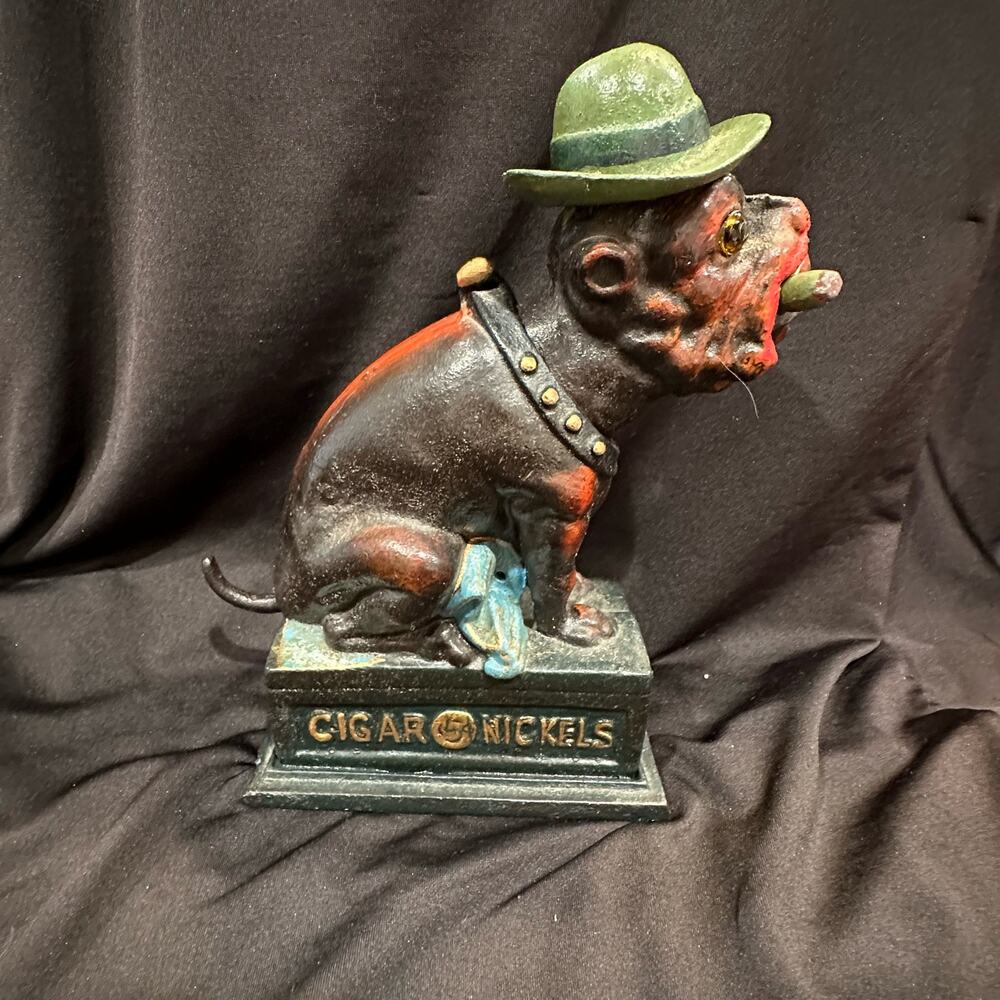 Ole Puffer Bulldog Cigar Cast Iron Mechanical Bank, 5 Cent Cigar Bank